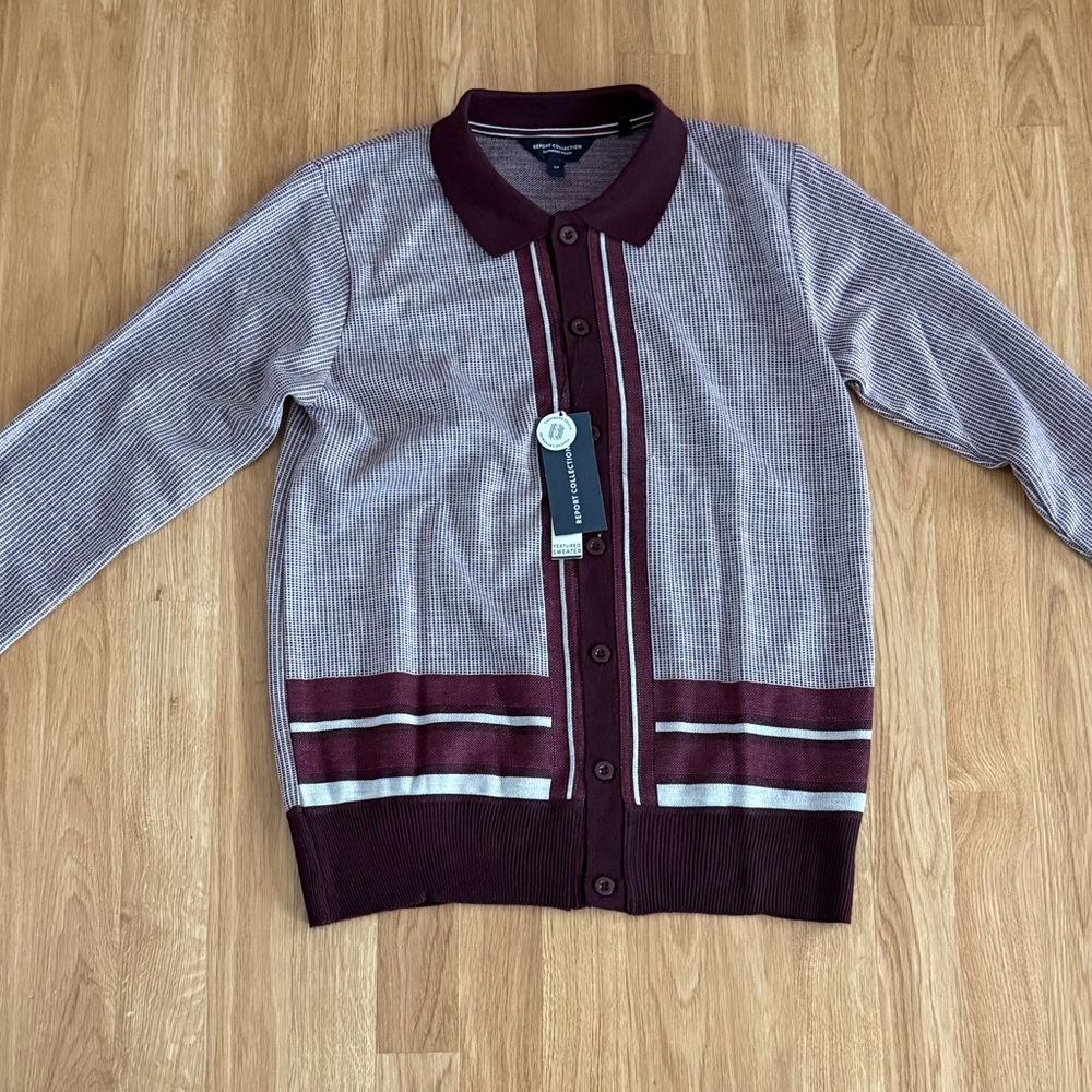 NEW Report Collection Men’s Knit Button Down Cardigan Shirt - Maroon/White - S